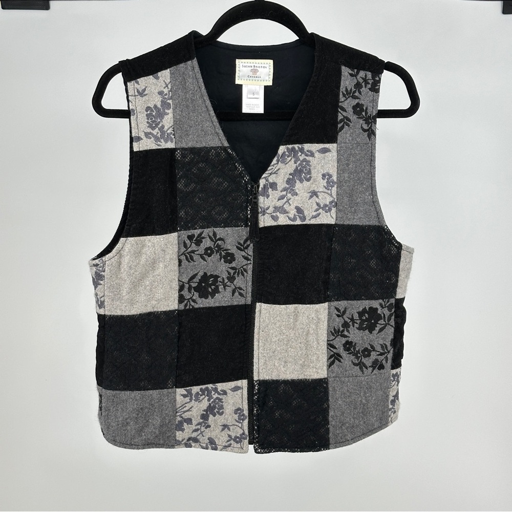 Susan Bristol Black and Gray Small Patchwork Vest Corduroy Wool Lace Embroidered